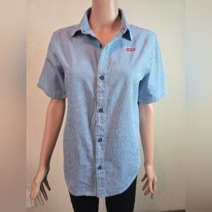 Levi  Womens Large Short Sleeve Striped Denim Jean Blue